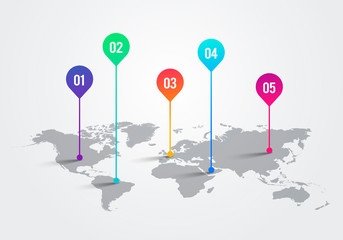 Vector Light World Map With Infographic Pointer Marks, Communication Concept Chart
