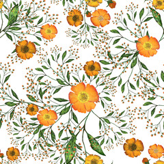 Seamless pattern with leaves and flowers. Floral background design. Watercolor illustration. The original pattern for the production of fabrics.