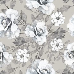 Seamless pattern with leaves and flowers. Floral background design. Watercolor illustration. Of the original picture.
