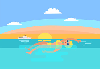 Fototapeta na wymiar Backstroke swimming expert female vector. Sunrise and professional woman in sea water. Ship transport floating in distance, sport and morning workout