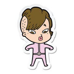 Obraz premium sticker of a cartoon surprised girl in science fiction clothes