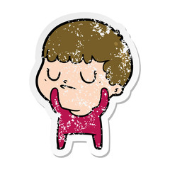 distressed sticker of a cartoon grumpy boy