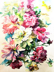 Abstract bright colored decorative background . Floral pattern handmade . Beautiful tender romantic spring bouquet of rose flowers , made in the technique of watercolors from nature.