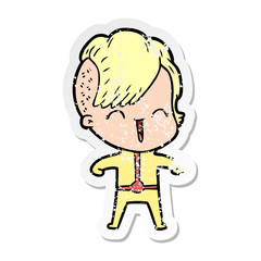distressed sticker of a cartoon happy hipster girl