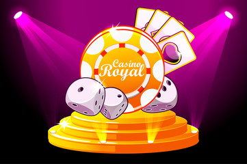 Casino Royale banner with lighting Icon Playing Chip and Dice. Vector symbols poker on Stage Podium Scene. Illustration for casino, slots and game UI.