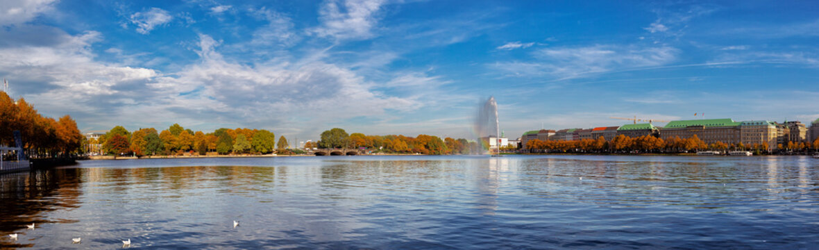 Panorama of the Inner Alster with the Alster Fountain in Hamburg, Germany.