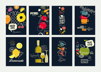 Set of restaurant menu, brochure, flyer design templates. Vector illustrations for food and drink marketing material, natural products presentation, cover design, wine list and cocktail menu templates