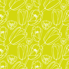 Spring tulips. Painted flower seamless pattern on lime color background.