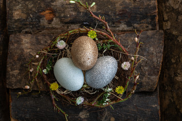 Easter Egg Woodland Nests, Wooden Background