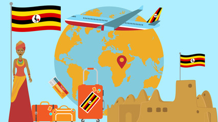 Welcome to Uganda postcard. Travel and safari concept of Africa world map vector illustration with national flag welcome background