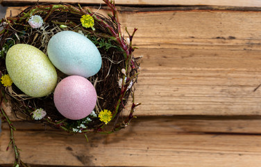 Easter Egg Woodland Nests, Wooden Background