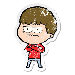distressed sticker of a cartoon annoyed man