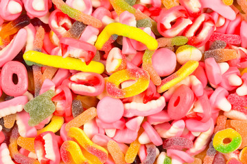 Assorted gummy candies. Top view. Jelly  sweets.