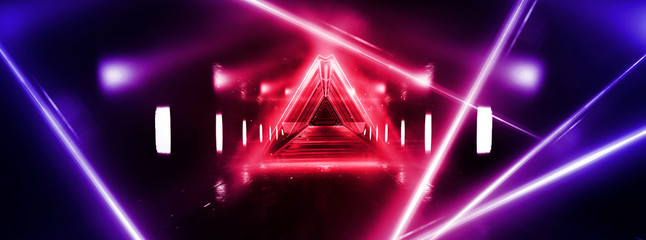 Abstract red, pink background with neon lights, metal construction, tunnel, corridor, neon lights, red laser lights, smoke. Light pyramid, triangle. 3D illustration