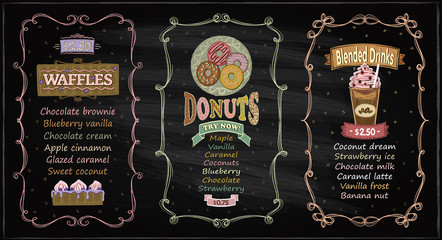 Donuts, waffles and blended drinks chalkboard menu for cafe or restaurant - obrazy, fototapety, plakaty