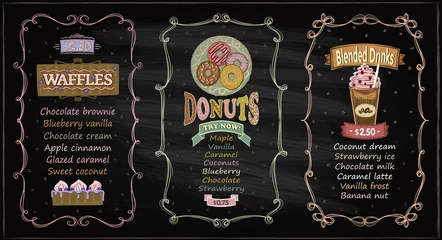 Fotobehang Donuts, waffles and blended drinks chalkboard menu for cafe or restaurant © LP Design