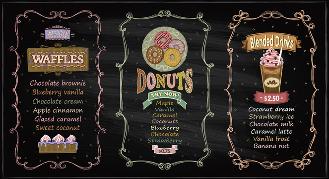 Donuts, waffles and blended drinks chalkboard menu for cafe or restaurant