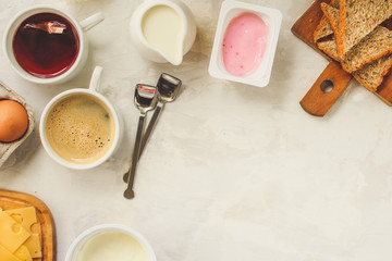 breakfast or snack (coffee, yogurt, cheese, sandwiches, cornflakes and more). Food background