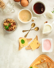 breakfast or snack (coffee, yogurt, cheese, sandwiches, cornflakes and more). Food background