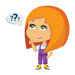 Vector illustration of a thinking girl. A little girl asks questions. Illustration for book, presentation, textbook.