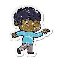 distressed sticker of a cartoon curious boy