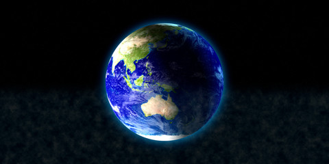 The blue planet earth with beautiful outer glow and lens flare ring in dark background. Elements of this image furnished by NASA.