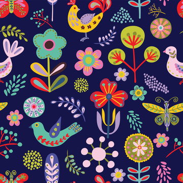 seamless folk art pattern with flowers