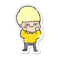 distressed sticker of a annoyed cartoon boy