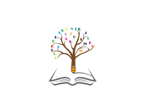 Pencil tree with the alphabet in twigs and write in an open book for logo design