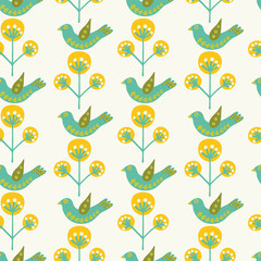seamless folk art pattern with birds and flowers