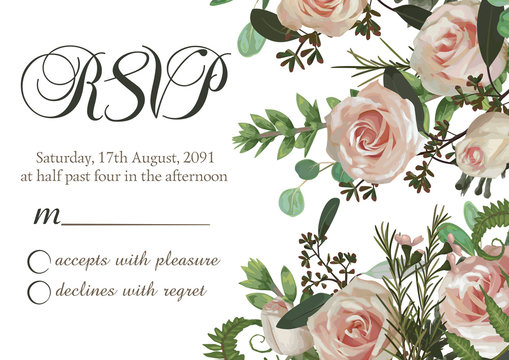 Vector card floral design with green watercolor, eucalyptus, forest fern, herbs, eucalyptus, branches boxwood, buxus, pink rose. Horizontal frame, square. On white background. Rvsp, 