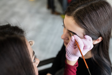 makeup artist applying a brow gel on the eyebrows of a young beautiful woman with flawless nude natural makeup. concept of professional make up training