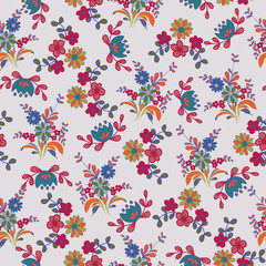 Seamless pattern with autumn flowers, folk art style. Perfect for fabric, wallpaper, stationery, packaging.