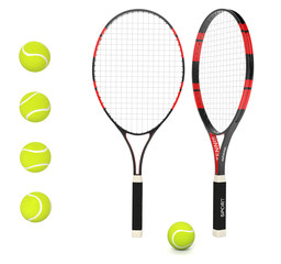 Tennis rackets with yellow balls. 3d rendering illustration