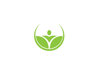 Person hands up in leaves in a circle, creative Yoga symbol for logo design illustration