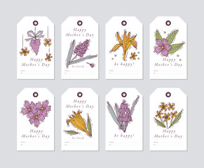 Vector linear design for Mother's day greetings elements on white background. Spring holidays tags set with typography and colorful icon.