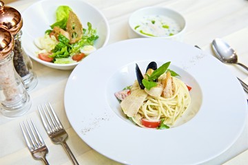 spaghetti with seafood and herbs