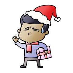 gradient cartoon of a man sweating wearing santa hat