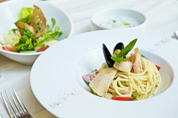 spaghetti with seafood and herbs