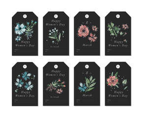 Vector linear design for Women's day greetings elements on white background. Spring golidays tags set with typography and colorful icon.