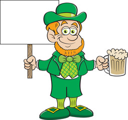 Cartoon illustration of a leprechaun holding a beer and a sign.