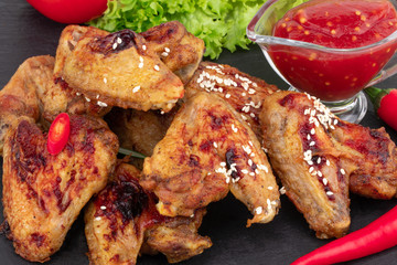 Baked chicken wings with sesame seeds and sweet chili sauce on dark background