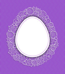 Decorative egg-shape frame with floral ornament on lilac background with wavy lines. Easter card template