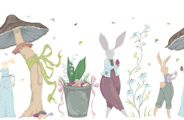 Vintage seamless border with bunny characters and design elements for the Easter holiday. Easter bunny, eggs, flowers, basket, mushroom, butterflies. Vector illustration in watercolor style