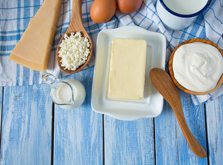 dairy products on wooden surface