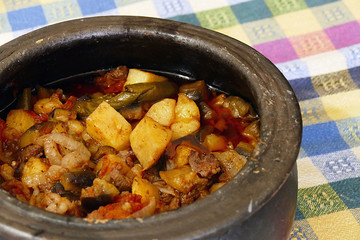 newfangled meat stew dish from the oven, casserole dish with meat in dish,