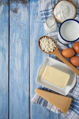 dairy products on wooden surface