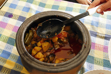 newfangled meat stew dish from the oven, casserole dish with meat in dish,