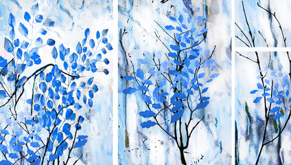 A collection of designer oil paintings. Contemporary abstract art on canvas. A set of pictures with different textures and colors. Tree, branches of trees, blue leaves on a blue background. - obrazy, fototapety, plakaty
