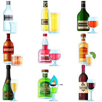 Set of Different Bottles of Alcohol Drinks with Glass. Vodka, Cider, Brandy, Whiskey, Liquor, Tequila, Champagne, Absinthe, Wine.